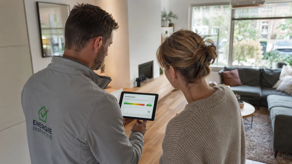 EPA-adviseur toont energielabel aan bewoner op tablet